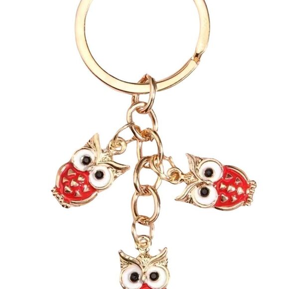NEW Whimsical Owl trio enamel key chain bag charm red and white enamel on gold - Picture 2 of 4